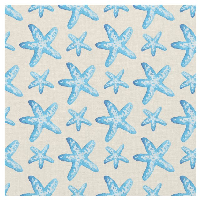 Watercolor Blue Starfish Pattern Fabric (Close Up)