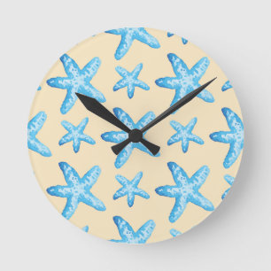 Watercolor Blue Starfish Pattern Round Clock