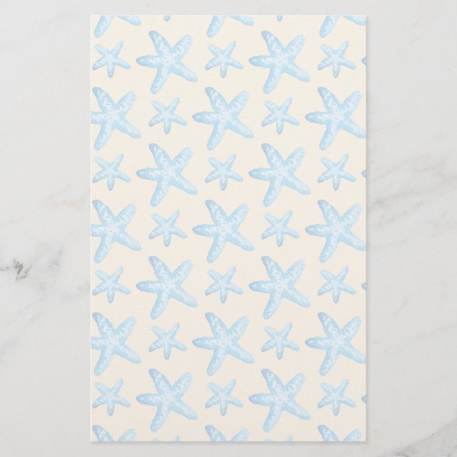 Watercolor Blue Starfish Pattern Stationery (Front)