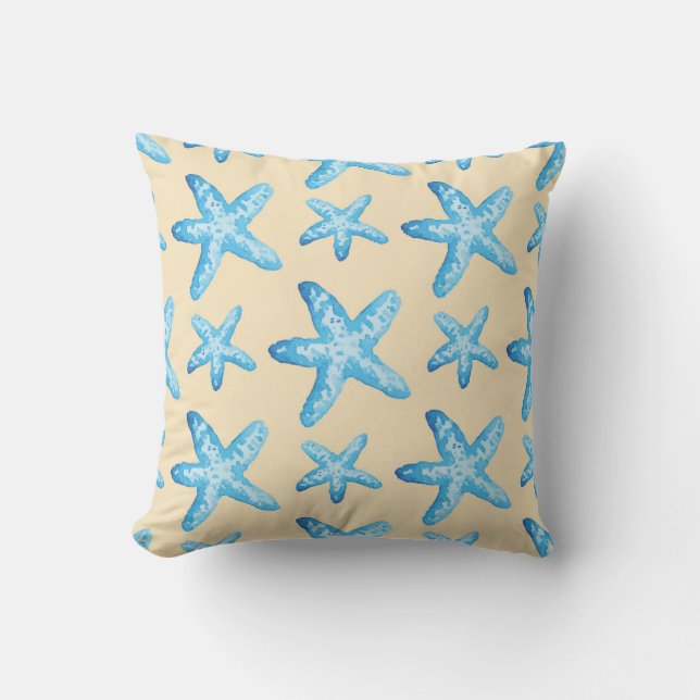 Watercolor Blue Starfish Pattern Throw Pillow (Front)
