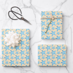 Watercolor Blue Starfish Pattern Wrapping Paper Sheet