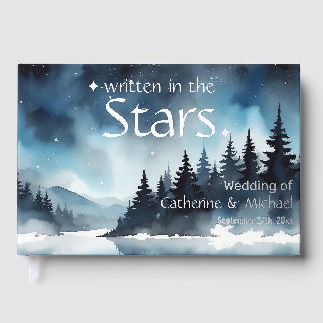 Watercolor Blue Starry Night Sky Celestial Wedding Guest Book (Front)