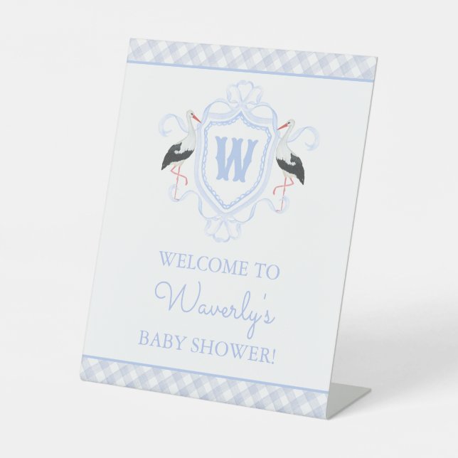 Watercolor Blue Stork Gingham Monogram Crest Pedestal Sign (Front)