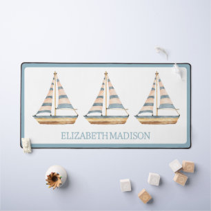 Watercolor Blue Stripe Sailboat Desk Mat