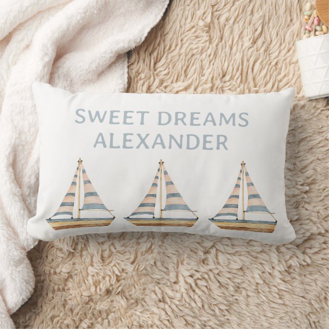 Watercolor Blue Stripe Sailboat Nursery Lumbar Pillow (Blanket)
