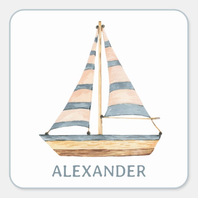 Watercolor Blue Stripe Sailboat Square Sticker (Front)