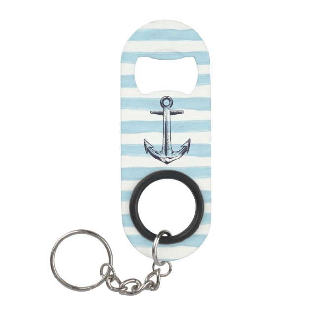 Watercolor Blue Striped Anchor Motif Keychain Bottle Opener (Front)