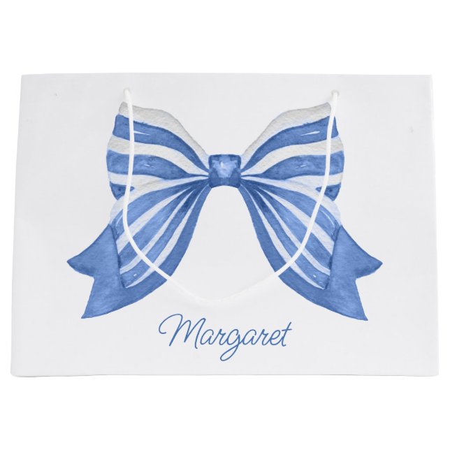 Watercolor Blue Striped Bow Large Gift Bag (Front)