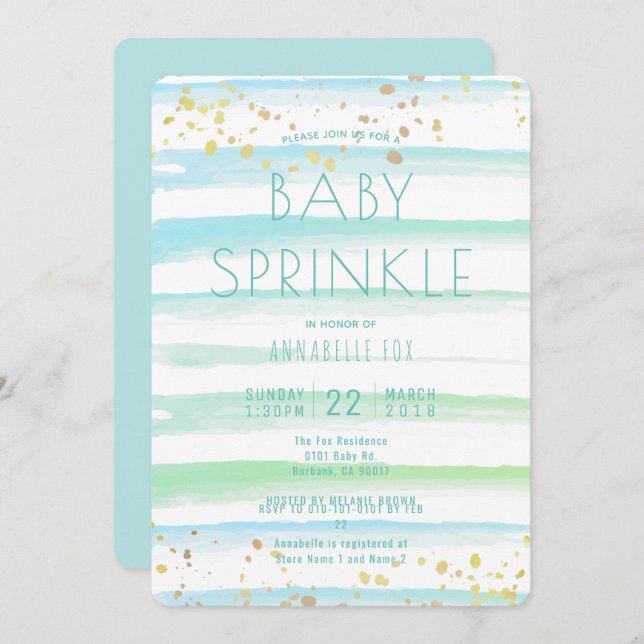Watercolor Blue Stripes Baby Sprinkle Invitation (Front/Back)
