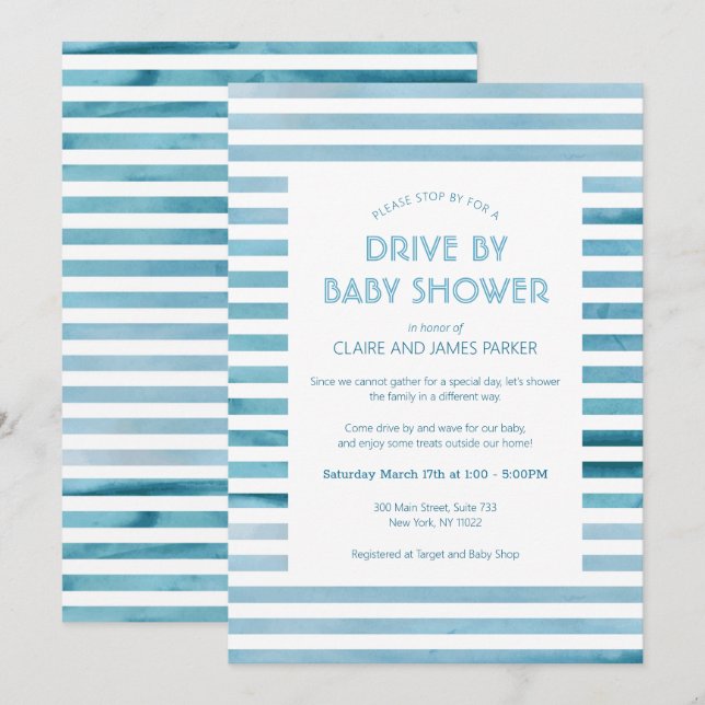 Watercolor Blue Stripes Drive By Baby Shower Invitation (Front/Back)