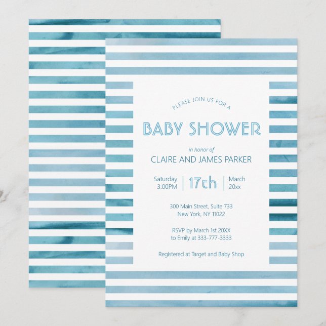 Watercolor Blue Stripes Simple Baby Shower Invitation (Front/Back)