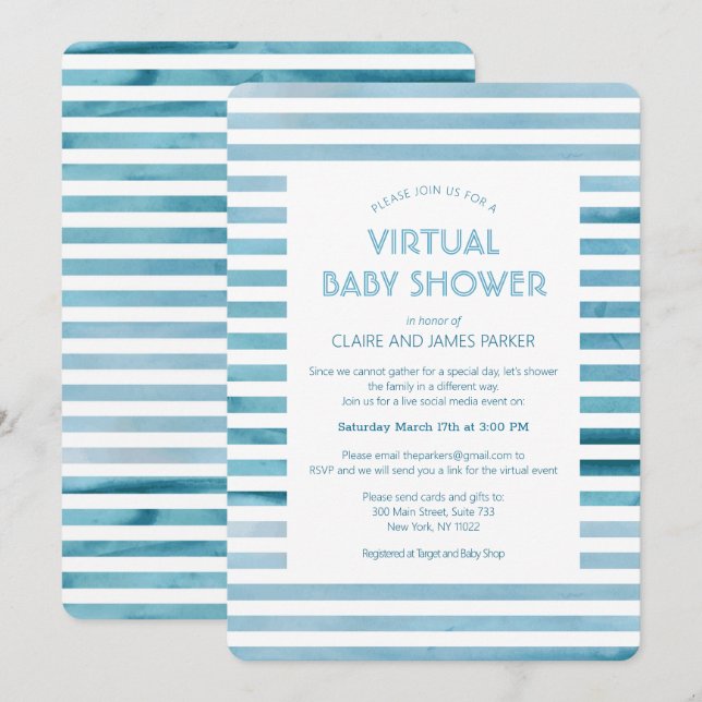 Watercolor Blue Stripes Virtual Baby Shower Invitation (Front/Back)