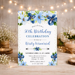 Watercolor Blue Summer Flowers 50th birthday Invitation