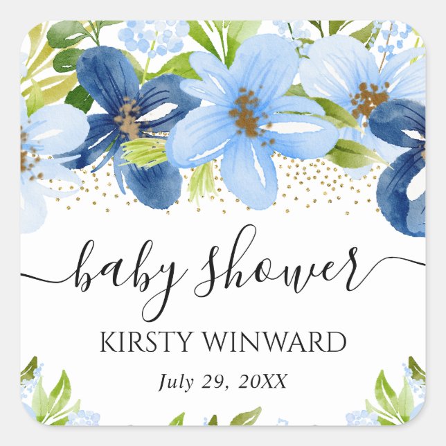 Watercolor Blue Summer Flowers Baby Shower Square Sticker (Front)