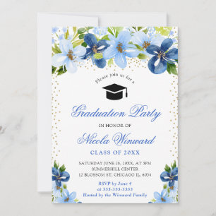 Watercolor Blue Summer Flowers Graduation Invitation