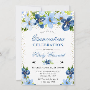 Watercolor Blue Summer Flowers Quinceanera Invitation