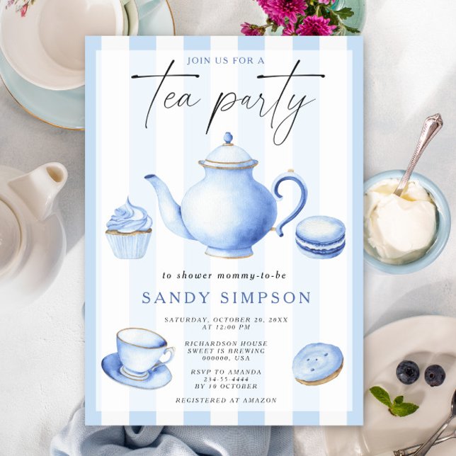 Watercolor Blue Tea Party Baby Baby Shower Invitation (Creator Uploaded)