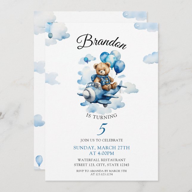 Watercolor Blue Teddy Bear Airplane 5th Birthday Invitation (Front/Back)