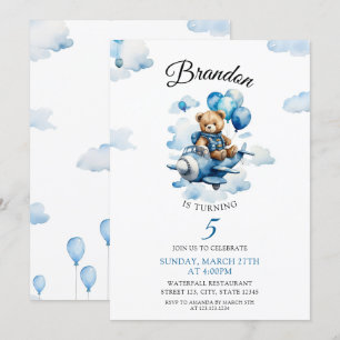 Watercolor Blue Teddy Bear Airplane 5th Birthday Invitation