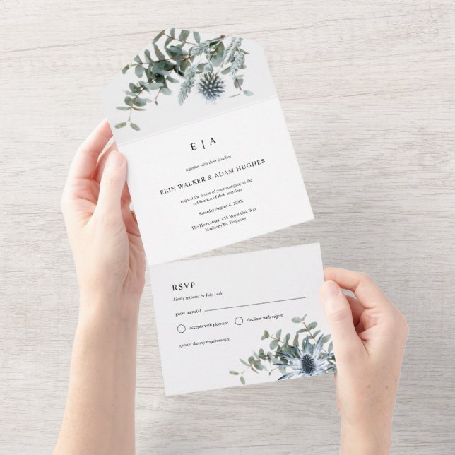 Watercolor Blue Thistle Eucalyptus Wedding  All In One Invitation (Tearaway)