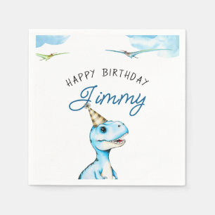 Watercolor Blue Three Rex Dinosaur Birthday Napkin