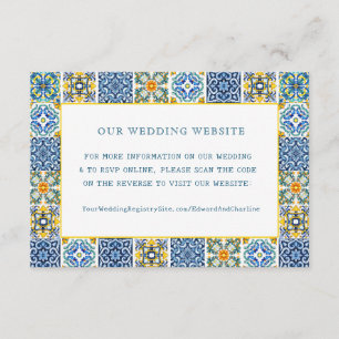 Watercolor Blue tile Mediterranean   RSVP QR Code Enclosure Card