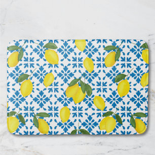 Watercolor Blue Tile Yellow Lemon Watercolor Bath Mat