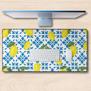 Watercolor Blue Tile Yellow Lemon Watercolor Desk Mat