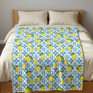 Watercolor Blue Tile Yellow Lemon Watercolor Fleece Blanket