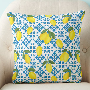 Watercolor Blue Tile Yellow Lemon Watercolor Throw Pillow