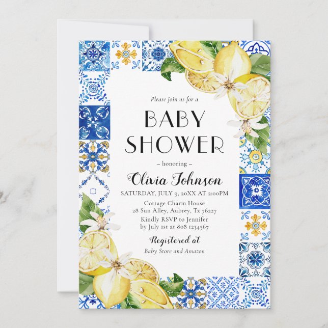 Watercolor Blue Tiles Lemons Italian Baby Shower Invitation (Front)