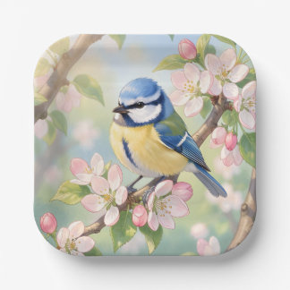 Watercolor Blue Tit Bird on Apple Tree Spring Paper Plate