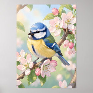 Watercolor Blue Tit Bird on Apple Tree Spring Poster