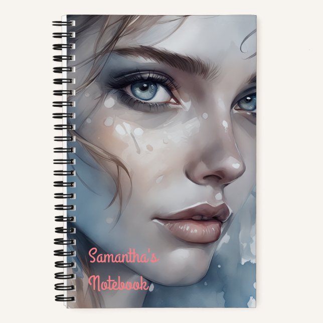 Watercolor Blue Tones Woman's Portrait Notebook (Front)