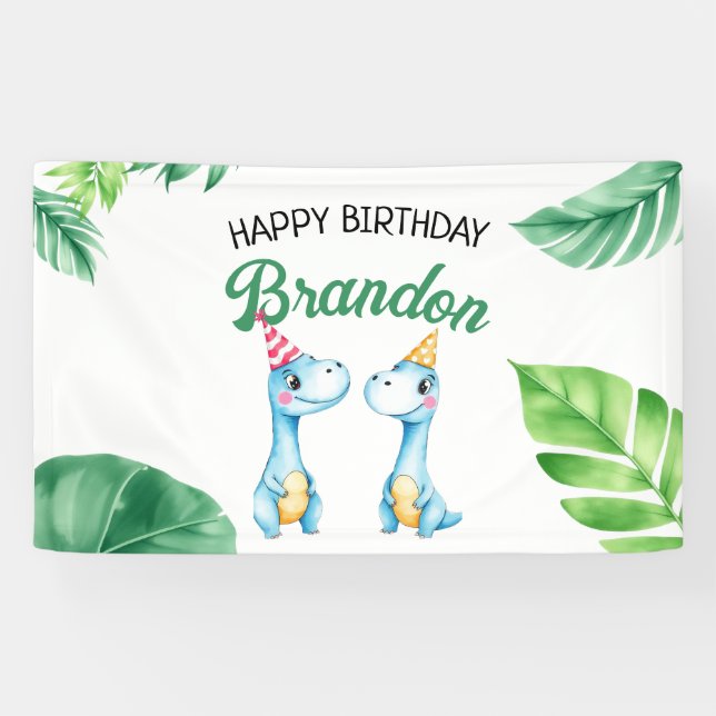 Watercolor Blue Trex Greenery Kids 3rd Birthday Banner (Horizontal)