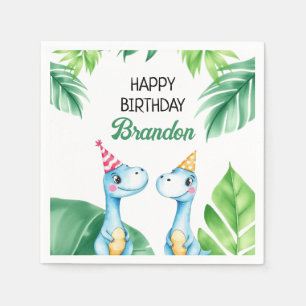 Watercolor Blue Trex Greenery Kids 3rd Birthday Napkin