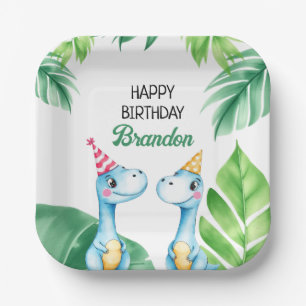 Watercolor Blue Trex Greenery Kids 3rd Birthday Paper Plate