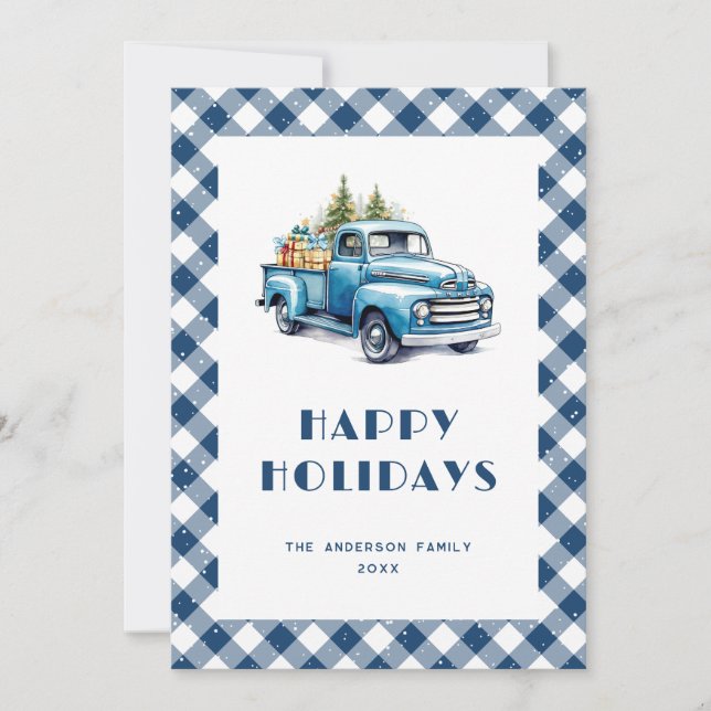 Watercolor Blue Truck Gingham Plaid Snowy Holiday Card (Front)