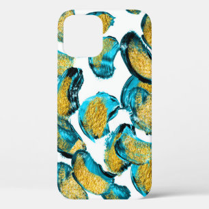 Watercolor blue, turquoise, gold art. iPhone 12 case