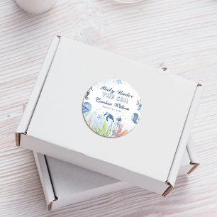 Watercolor blue under the sea baby shower  classic round sticker