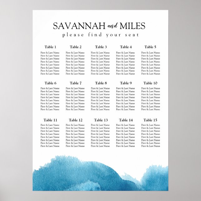Watercolor Blue Wash Customizable Seating Chart (Front)