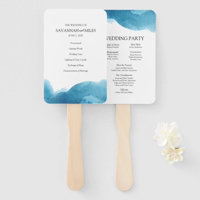 Watercolor blue wash wedding programs hand fan (Front and Back)