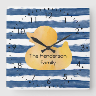 Watercolor Blue Water Yellow Rubber Duck Square Wall Clock