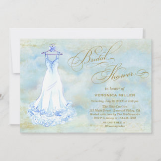 Watercolor Blue Wedding Gown Bridal Shower Invite