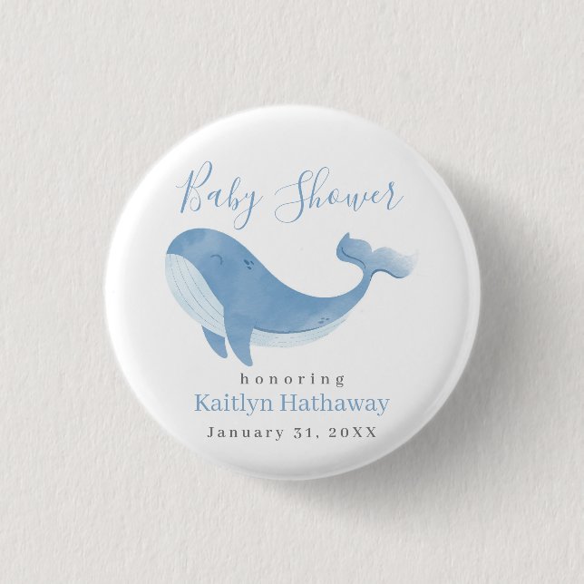 Watercolor Blue Whale Baby Shower 1 Inch Round Button (Front)