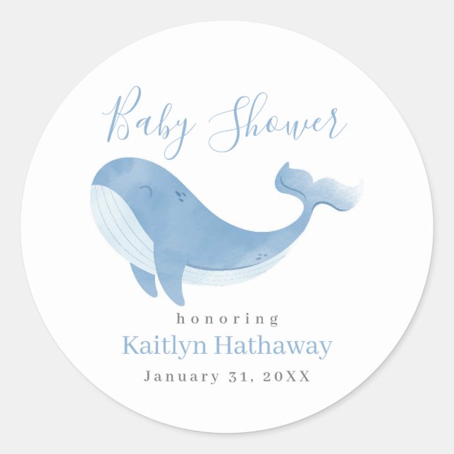 Watercolor Blue Whale Baby Shower Classic Round Sticker (Front)