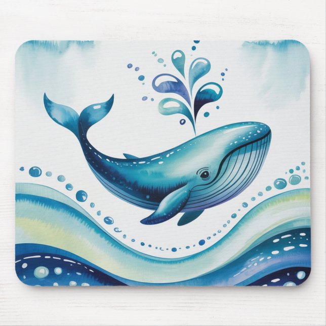 Watercolor Blue Whale & Bubble Dots Mouse Pad (Front)