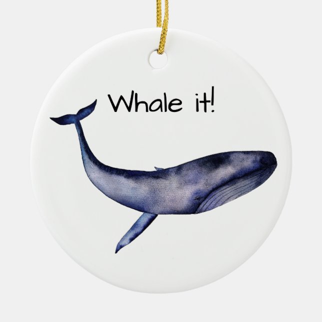 Watercolor Blue Whale Ceramic Ornament (Front)