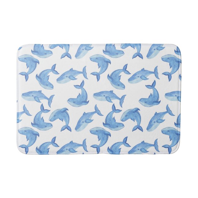 Watercolor Blue Whale Pattern Bath Mat (Front)