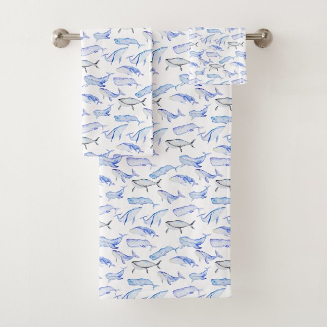 Watercolor Blue Whale Pattern Bath Towel Set (Insitu)